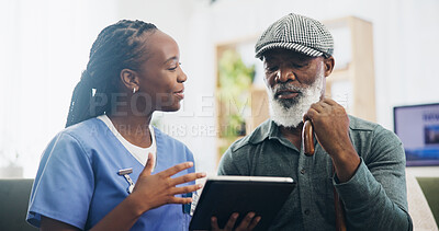 Buy stock photo Nurse, elderly man and tablet for telehealth, daily schedule and wellness in senior care. Woman, person with a disability and tech for patient as medic for support, advice or checkup in nursing home 