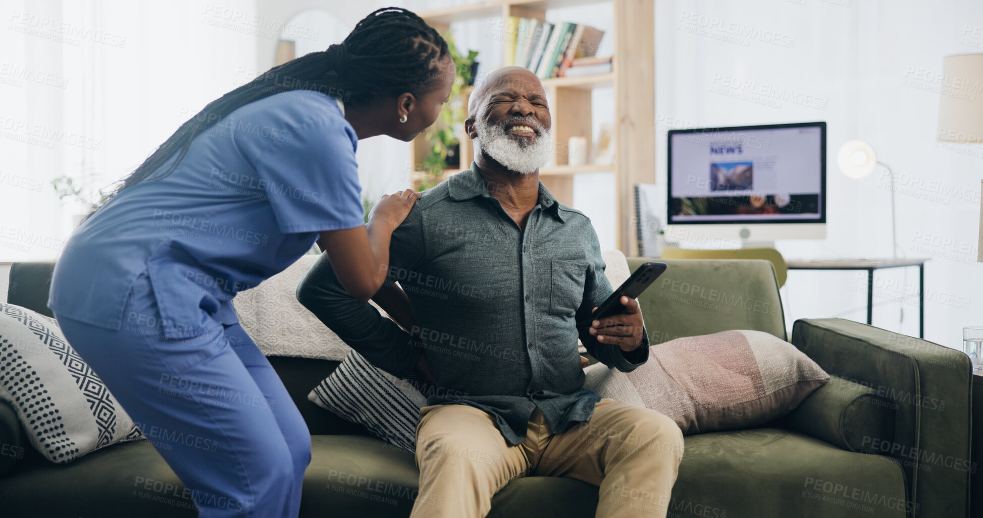 Buy stock photo Nurse, senior man and back pain on sofa for help, care or support for recovery from injury in retirement. Black people, physical therapy and elderly person with muscle, rehabilitation and watching tv