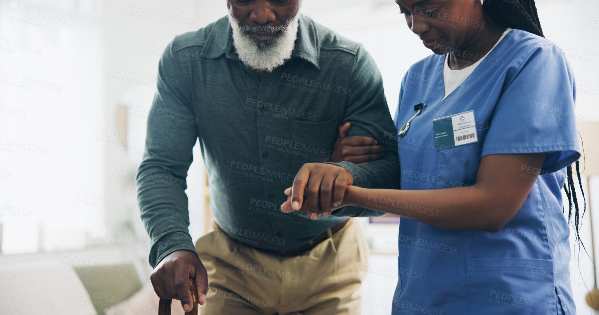 Buy stock photo Nurse, senior man and holding hands with cane for walking, care and guide for recovery from injury in retirement. Black people, support and elderly person with disability, caregiver or rehabilitation