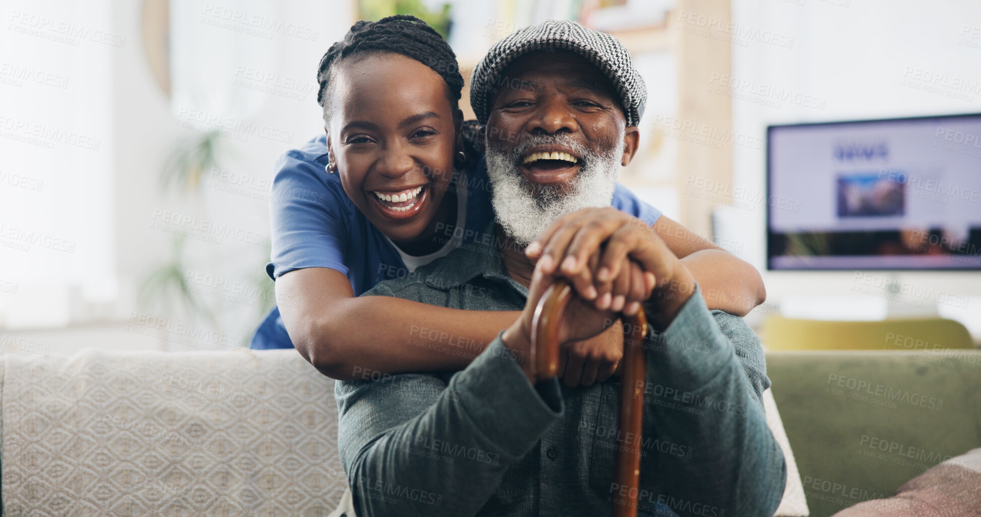 Buy stock photo Nurse, hug and old man with smile, home and happy for help, healthcare and friends with patient. Living room, embrace and wellness of senior person, walking stick and support of caregiver in house