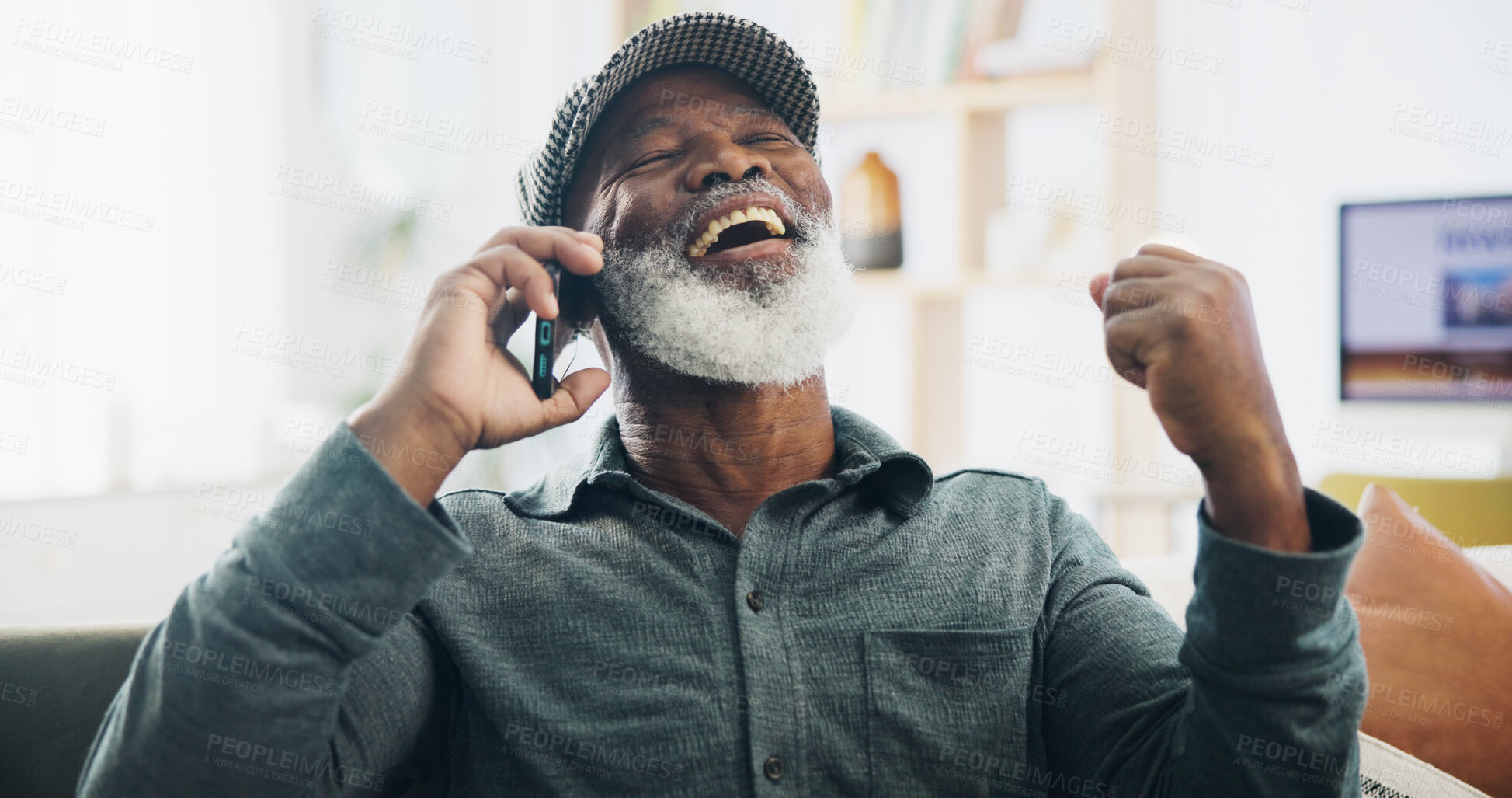 Buy stock photo Senior man, excited and celebration for phone call, pension and retirement fun on weekend on sofa. Black person, success and mobile conversation in living room for lottery, good news and achievement 