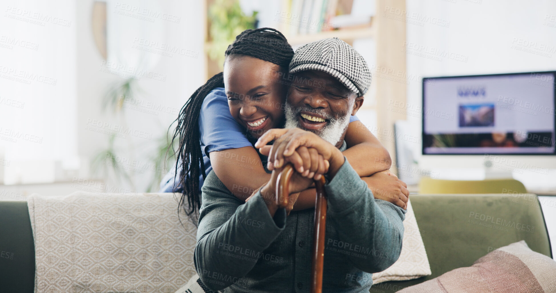 Buy stock photo Happy, caregiver and senior man with hug at house for healthcare service, retirement support and kindness. Smile, volunteer and patient with disability, rehabilitation comfort or help of elderly care