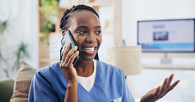 Buy stock photo Black woman, nurse or talk on sofa in phone call, contact or chat for news update in home. Caregiver, cell or smile in living room for healthcare information, relax or happy for medical breakthrough