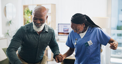 Buy stock photo Nurse, senior man and recovery with walking in home for injury, care and holding hands with steps in retirement. Black people, balance and elderly person with disability, support and rehabilitation