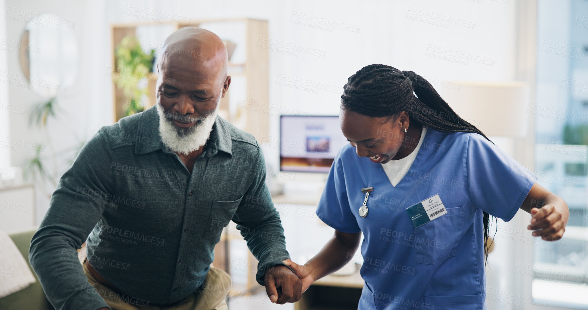 Buy stock photo Nurse, senior man and recovery with walking in home for injury, care and holding hands with steps in retirement. Black people, balance and elderly person with disability, support and rehabilitation