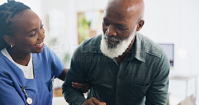 Buy stock photo Nurse, elderly man and walking in home with balance, care and support for recovery from injury in retirement. Black people, helping hand and senior person with disability, caregiver or rehabilitation