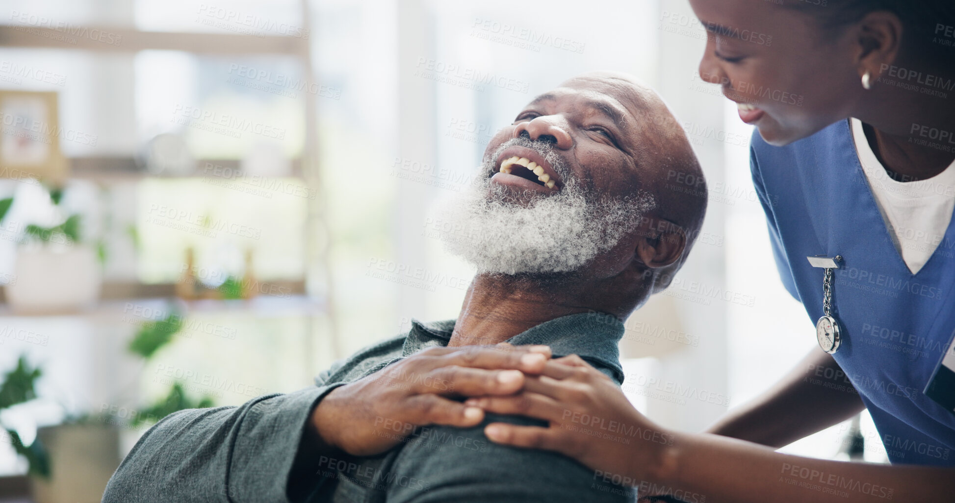 Buy stock photo Elderly man, caregiver and holding hands for comfort with wheelchair, rehabilitation support and empathy. Volunteer, help and patient with disability for healthcare service, medical advice and house