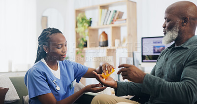 Buy stock photo Black people, nurse or senior with pills in healthcare, assisted living or medical aid at retirement home. African doctor, caregiver or medication for helping person with a disability in elderly care