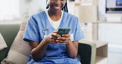 Buy stock photo Person hands, nurse or phone on sofa for text, email or message for news update in home. Caregiver, mobile or smile in living room for healthcare information, chat or happy for medical breakthrough