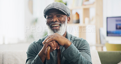 Buy stock photo Elderly man, portrait and retirement in house for relax, peace and positive mood on weekend on sofa. Black person, face and happy in living room on couch for comfort, optimistic or rest with cane