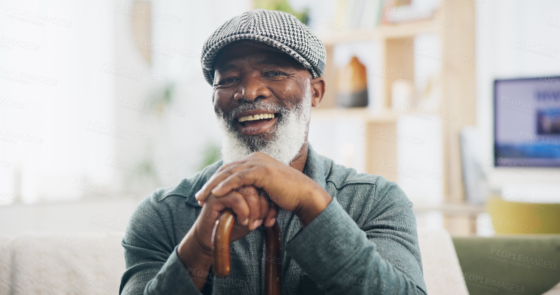 Buy stock photo Elderly man, portrait and retirement in house for relax, peace and positive mood on weekend on sofa. Black person, face and happy in living room on couch for comfort, optimistic or rest with cane