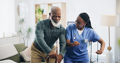 Buy stock photo Nurse, senior man and dancing in home with smile for recovery, results or walking stick in retirement. Black people, excited and elderly person with disability, celebration or rehabilitation in house