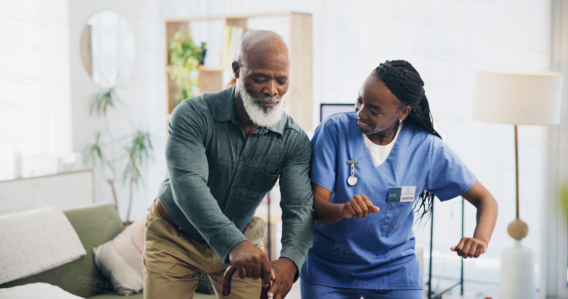 Buy stock photo Nurse, senior man and dancing in home with smile for recovery, results or walking stick in retirement. Black people, excited and elderly person with disability, celebration or rehabilitation in house