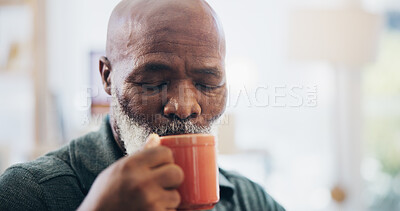 Buy stock photo Home, relax and senior man with coffee, retirement and drinking with espresso, break and comfort. African person, pensioner and mature guy with herbal tea, apartment and calm with cappuccino or aroma