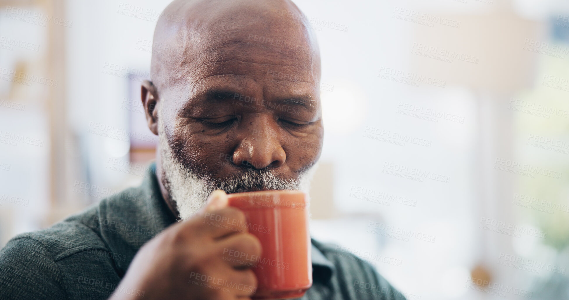 Buy stock photo Home, relax and senior man with coffee, retirement and drinking with espresso, break and comfort. African person, pensioner and mature guy with herbal tea, apartment and calm with cappuccino or aroma