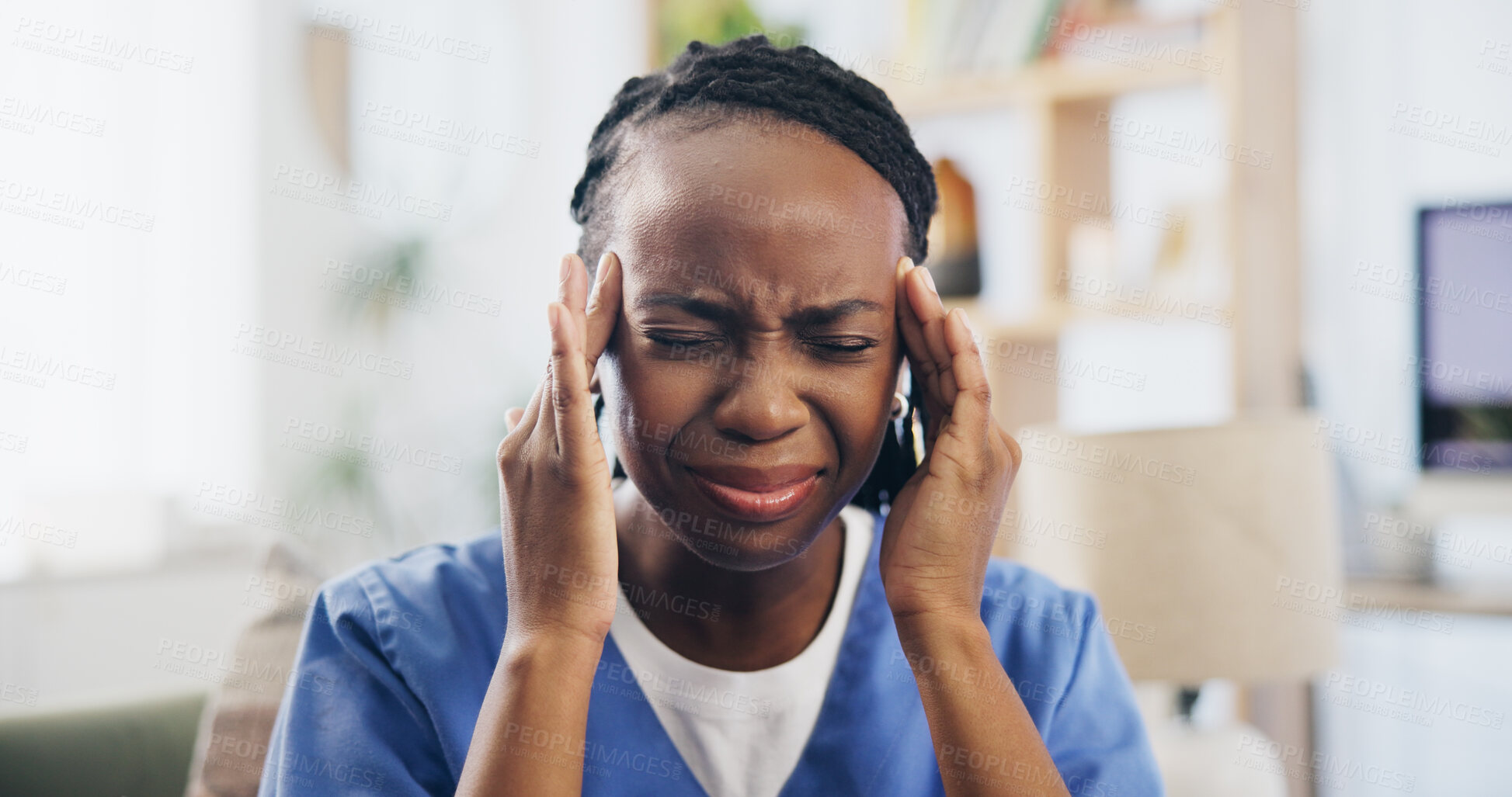 Buy stock photo African woman, nurse and headache with pain, migraine or illness as medical professional in clinic. Female person, stressed and health condition with strain, wellness or emergency in hospital or work