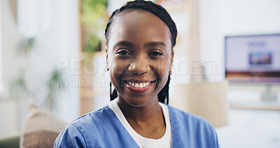 Buy stock photo Home, nurse and black woman with smile, portrait and happiness with career ambition. Face, African person and medical with professional, uniform and healthcare with wellness, confidence and pride