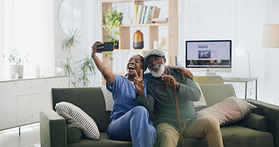 Buy stock photo Nurse, selfie and old man with smile, home and memory of help, healthcare and friends with patient. Living room, photography and wellness of senior person, peace and support of caregiver in house