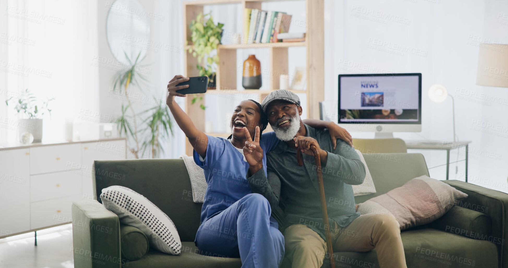 Buy stock photo Nurse, selfie and old man with smile, home and memory of help, healthcare and friends with patient. Living room, photography and wellness of senior person, peace and support of caregiver in house