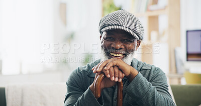 Buy stock photo Senior man, portrait and retirement in home for relax, peace and positive mood on weekend on sofa. Black person, face and walking stick in living room for comfort, optimistic and rest with wellbeing