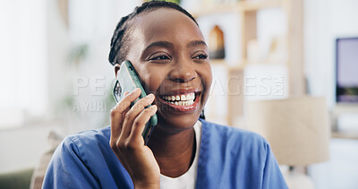 Buy stock photo Black woman, nurse or happy on sofa in phone call, contact or chat for news update in home. Carer, cell or laugh in living room for healthcare information, relax or positive for medical breakthrough