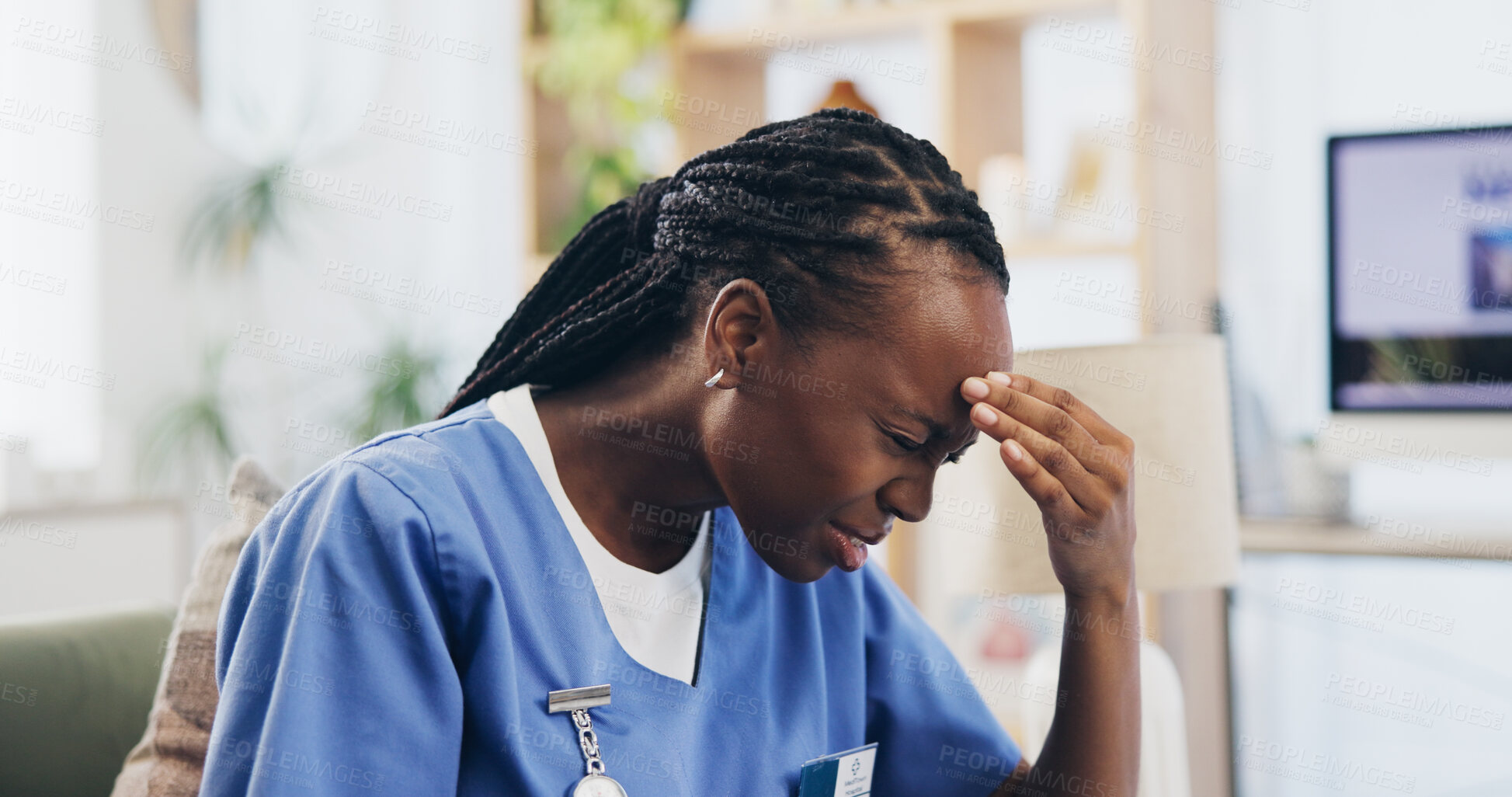 Buy stock photo Black woman, nurse and headache with pain, migraine or illness as medical professional in clinic. Female person, stressed and health condition with strain, wellness and emergency in hospital or work