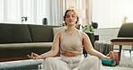 Home, meditation and woman with fitness, yoga and healthy girl with routine, calm and spiritual in lounge. Apartment, yogi and person in living room, chakra and lotus for wellness, zen and training