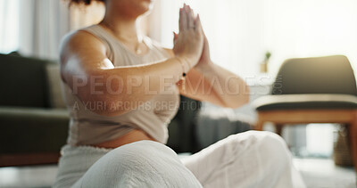 Buy stock photo Woman, hands and namaste with meditation in home for peace, calm and health for mindfulness. Female person, relax and zen with yoga as activity or hobby for wellness, wellbeing and self care on break