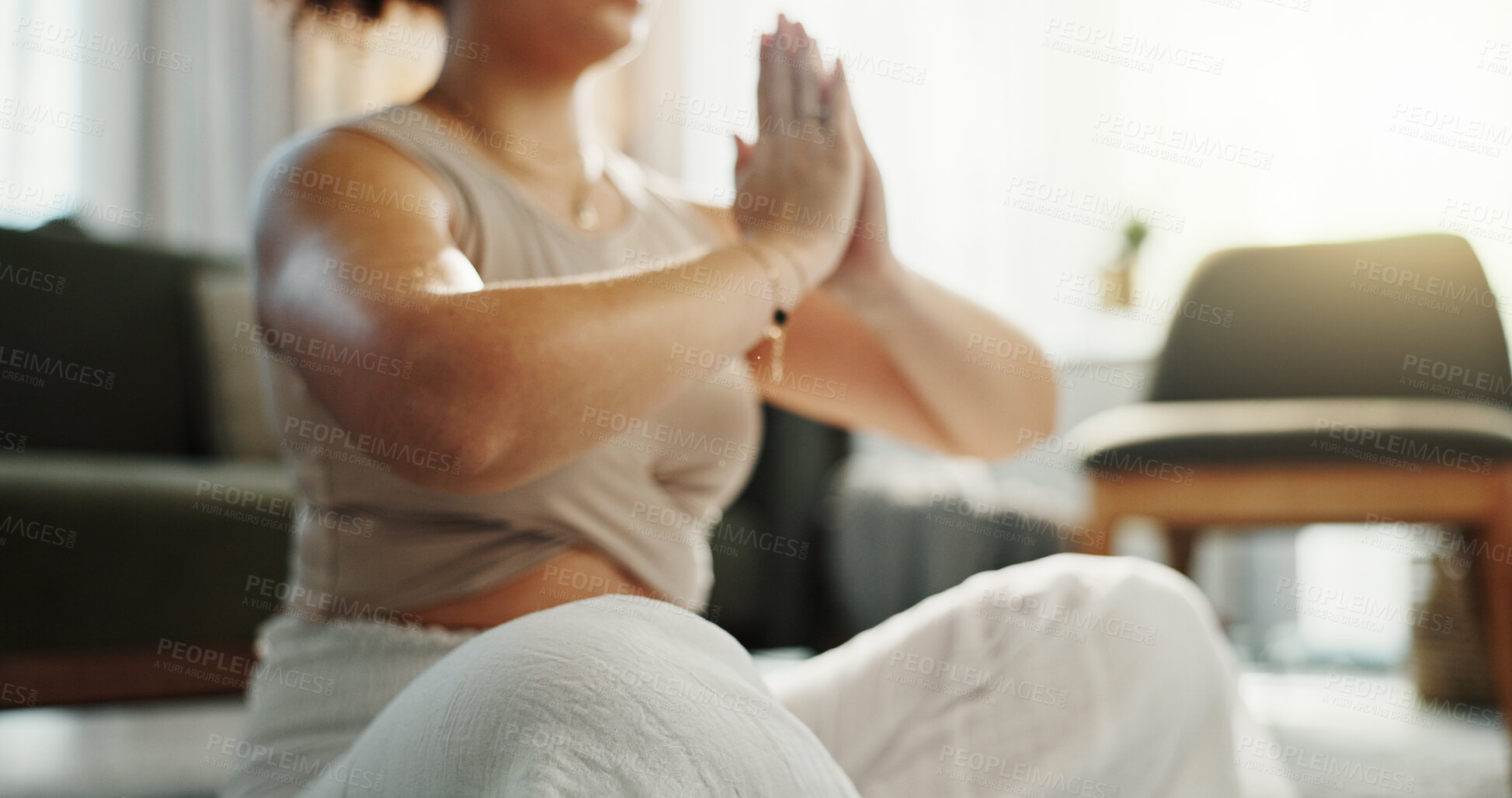 Buy stock photo Woman, hands and namaste with meditation in home for peace, calm and health for mindfulness. Female person, relax and zen with yoga as activity or hobby for wellness, wellbeing and self care on break