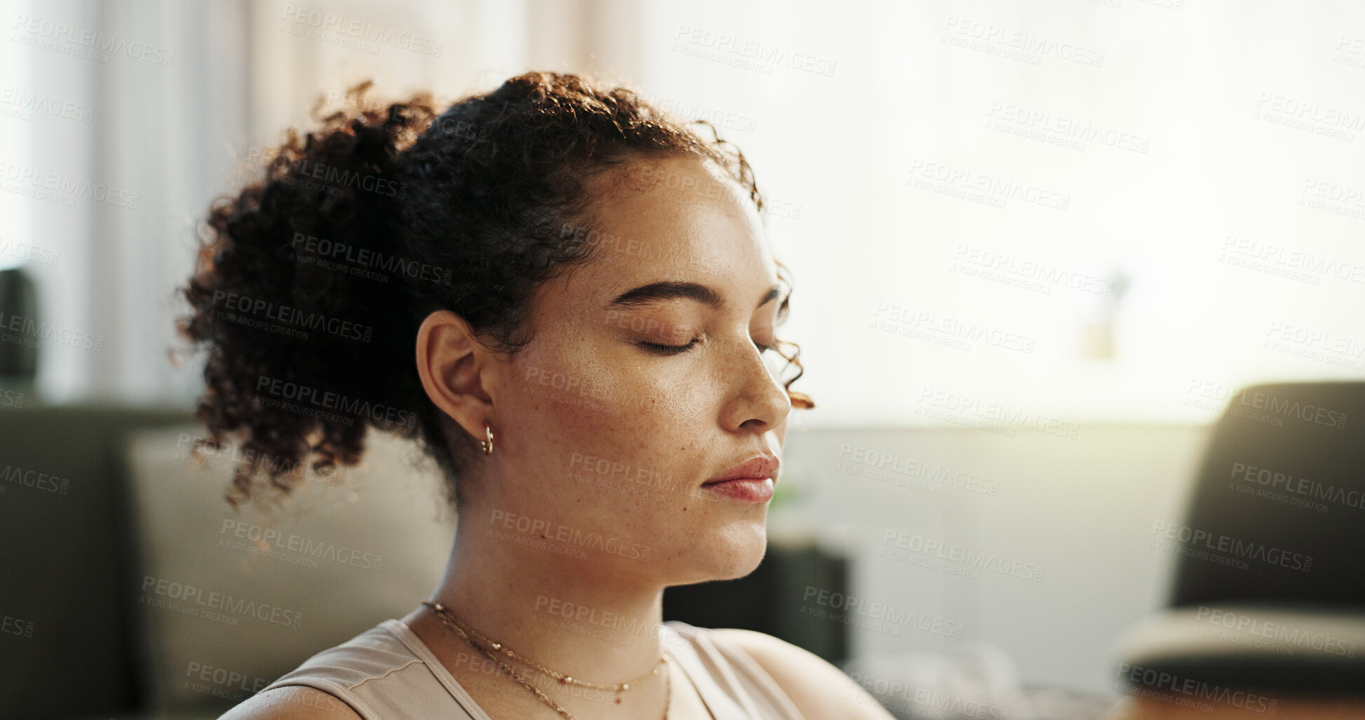 Buy stock photo Woman, face and eyes closed with meditation in home for peace, calm and health for mindfulness. Female person, relax and zen with yoga as activity or hobby for stress relief, wellbeing and self care