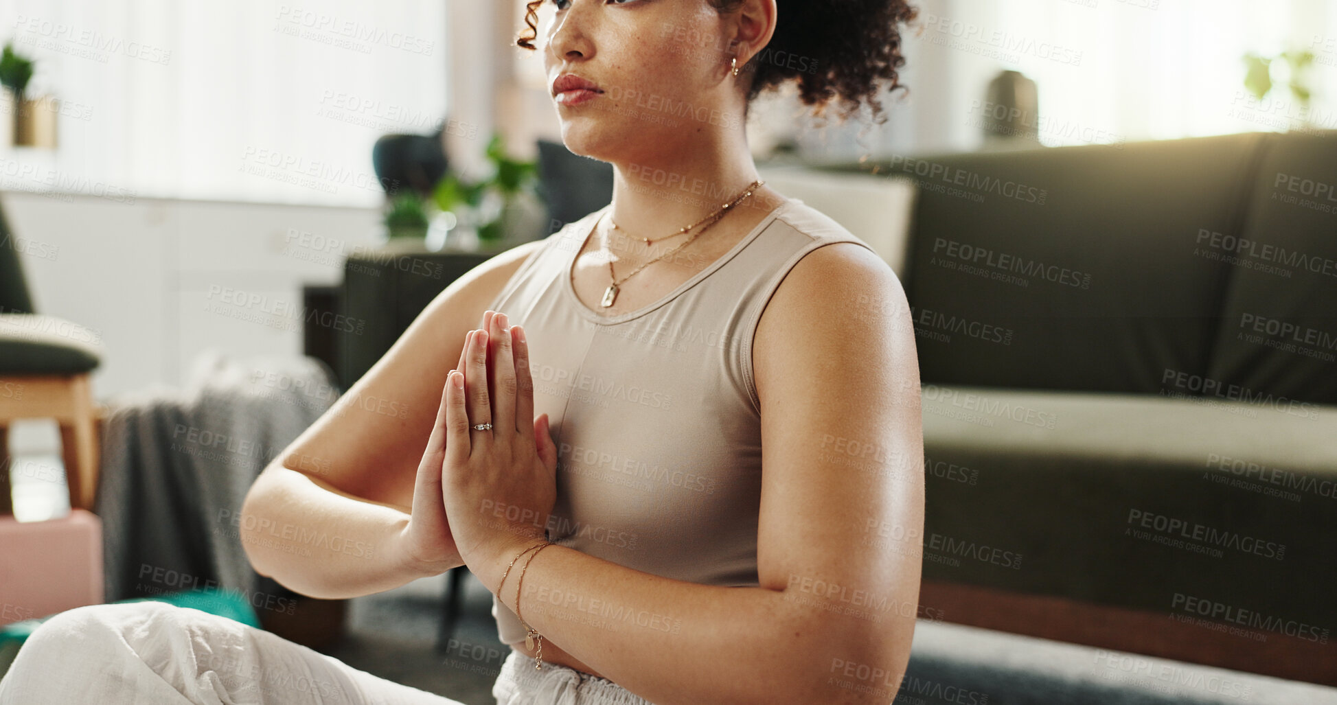 Buy stock photo Home, meditation and woman with hand together, yoga and healthy girl with routine, calm and spiritual in lounge. Apartment, yogi and person with fitness, chakra or lotus for wellness, zen or training