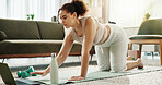 Woman, home and laptop for fitness videos with instructions or tutorial on exercise, workout and training. Female person, yoga mat and dumbbells in living room on internet for vlog or  health website