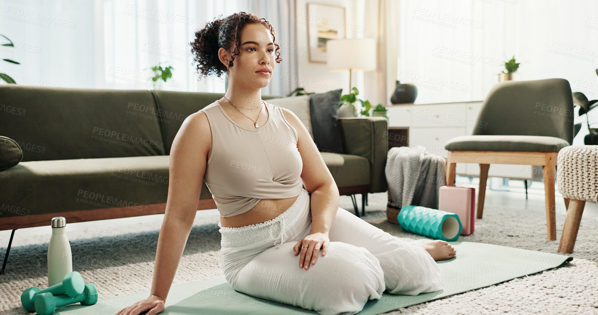 Buy stock photo Woman, home and sitting for fitness with thinking for exercise, workout and training with dumbbells. Female person, living room and confident with equipment on mat for health, wellbeing and self care