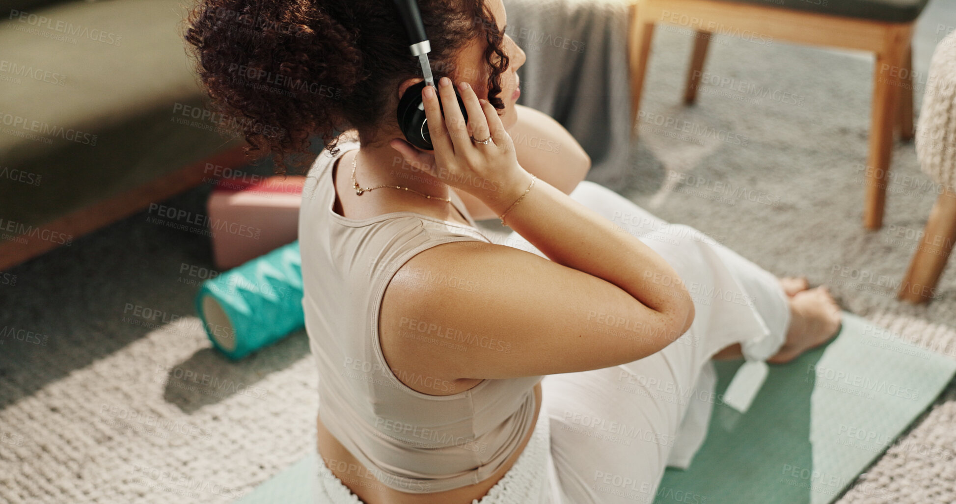 Buy stock photo Yoga, woman and music on floor for fitness, wellness or self affirmation audio for positive mental health. Girl, headphones or pilates in home for training podcast, streaming radio or peace in lounge