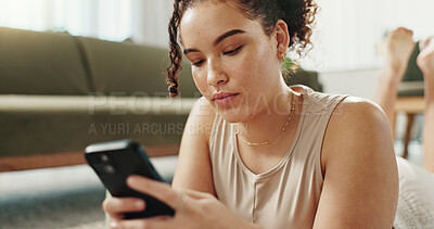 Buy stock photo Break, typing and woman with smartphone, yoga and search on social media, online and relax in home. Fitness, digital and routine for wellness, app and mobile for tips, pilates and healthy in house