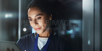 Buy stock photo Night, woman and nurse with tablet, typing and online reading for schedule, hospital and digital app. Results, medical or professional with tech, evening or website info with healthcare or connection