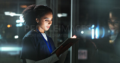 Buy stock photo Night, woman and nurse with tablet, online reading for schedule and digital app for results. Typing, medical or professional with tech, evening and website info with telehealth, email or connection