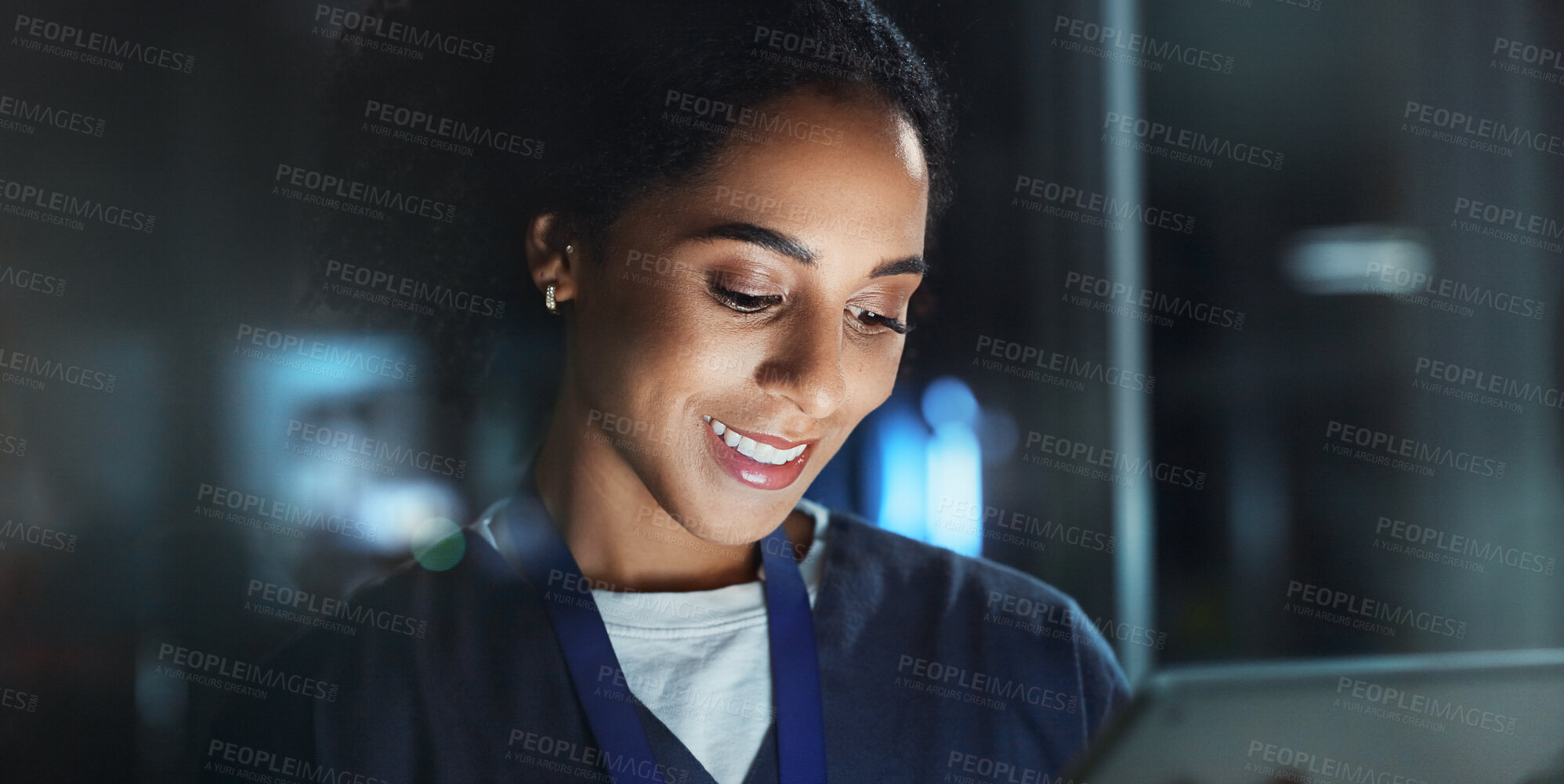 Buy stock photo Night, woman and nurse with tablet, smile and online reading for schedule, hospital and digital app. Results, medical or professional with tech, evening and website info with telehealth or connection