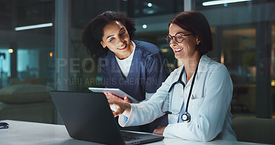 Buy stock photo Night, doctor and surgeon on tablet for reading online for good news or schedule in hospital on digital app. Medical results, overtime or happy woman with technology, clinic website or telehealth