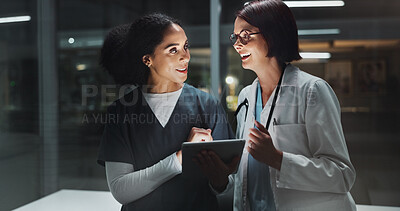 Buy stock photo Night, talking or doctor with surgeon on tablet online for good news and late schedule in hospital. Medical results, overtime or happy women with technology, clinic website or telehealth digital app