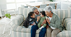 Happy family, grandparents and playing with grandchildren on sofa for bonding, day care or childhood at home. Grandpa, grandma and kids or siblings relaxing with baby for security, embrace or youth