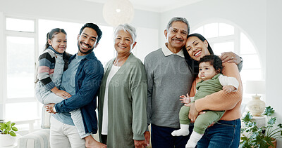 Buy stock photo Generations, family and happy on portrait at home for gathering, visit and bonding. People, grandparents and parents with kids on smile for support, care and trust or unity on break with hug