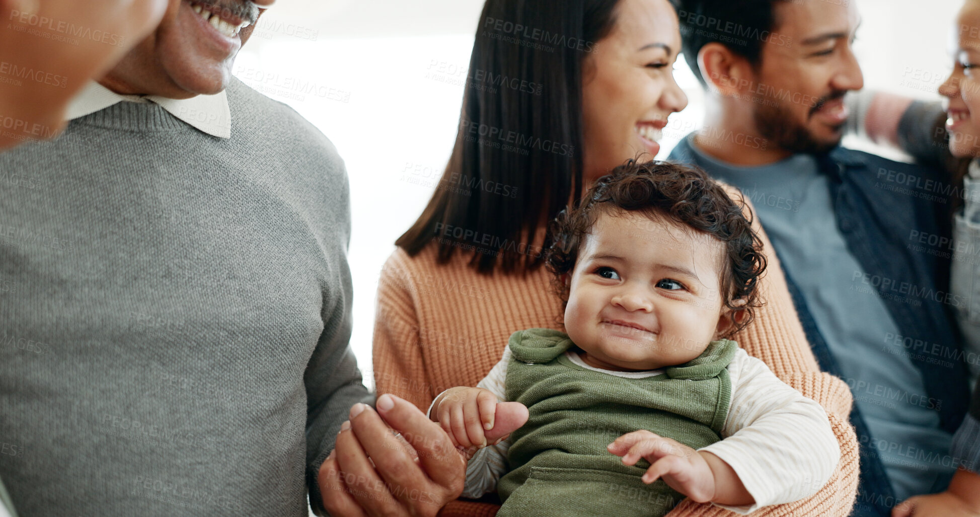 Buy stock photo Happy family, parents and grandparents with baby for bonding, weekend or holiday at home. Mother, father and grandma or grandpa with cute toddler, kids or siblings for generations or youth at house