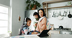 Mother, children and tablet with headphones for elearning, distance learning or virtual class in kitchen at home. Mom, child or helping daughter with technology for online lesson or homework at house