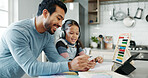 Home, dad and education of child, smile and daughter with headphones, learning and practice of math. House, knowledge and studying with girl, growth and development of kid, man or teaching in kitchen