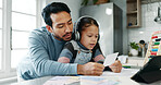 Home, dad and education of child, reading and daughter with headphones, learning or practice of math. House, knowledge and studying with girl, growth or development of kid, man or teaching in kitchen