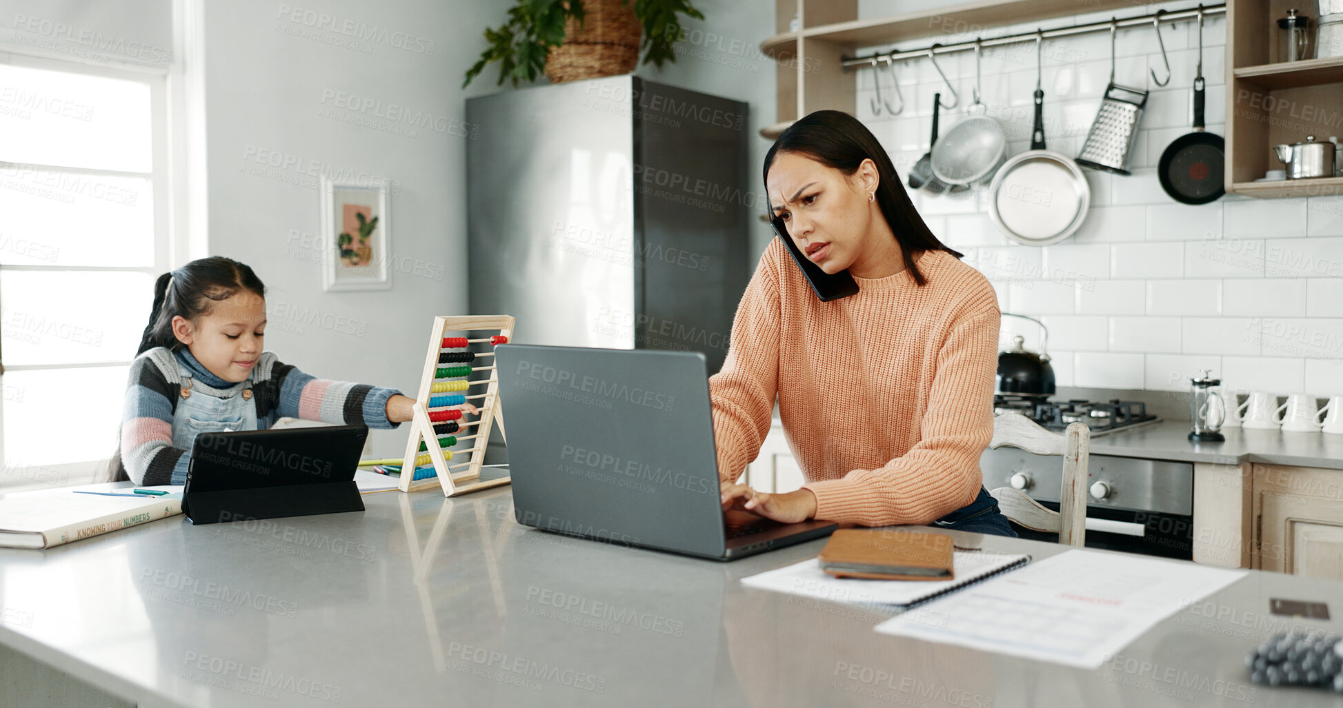 Buy stock photo Frustrated mother, laptop and phone call with child for finance, expenses or mortgage bills in kitchen at home. Mom, kid or little girl working on technology for math or financial discussion at house