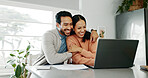 Happy couple, paperwork and hug with laptop for budget, paying bills or estate planning. Married people, embrace and documents for insurance policy, investing and savings in apartment or family home