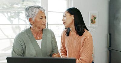 Buy stock photo Senior mother, daughter and support with laptop for budget, retirement or estate planning. Female people, care and technology for insurance policy, solidarity or support in apartment or family home