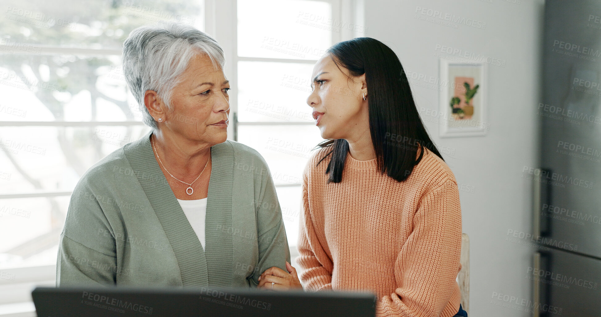 Buy stock photo Senior mother, daughter and support with laptop for budget, retirement or estate planning. Female people, care and technology for insurance policy, solidarity or support in apartment or family home